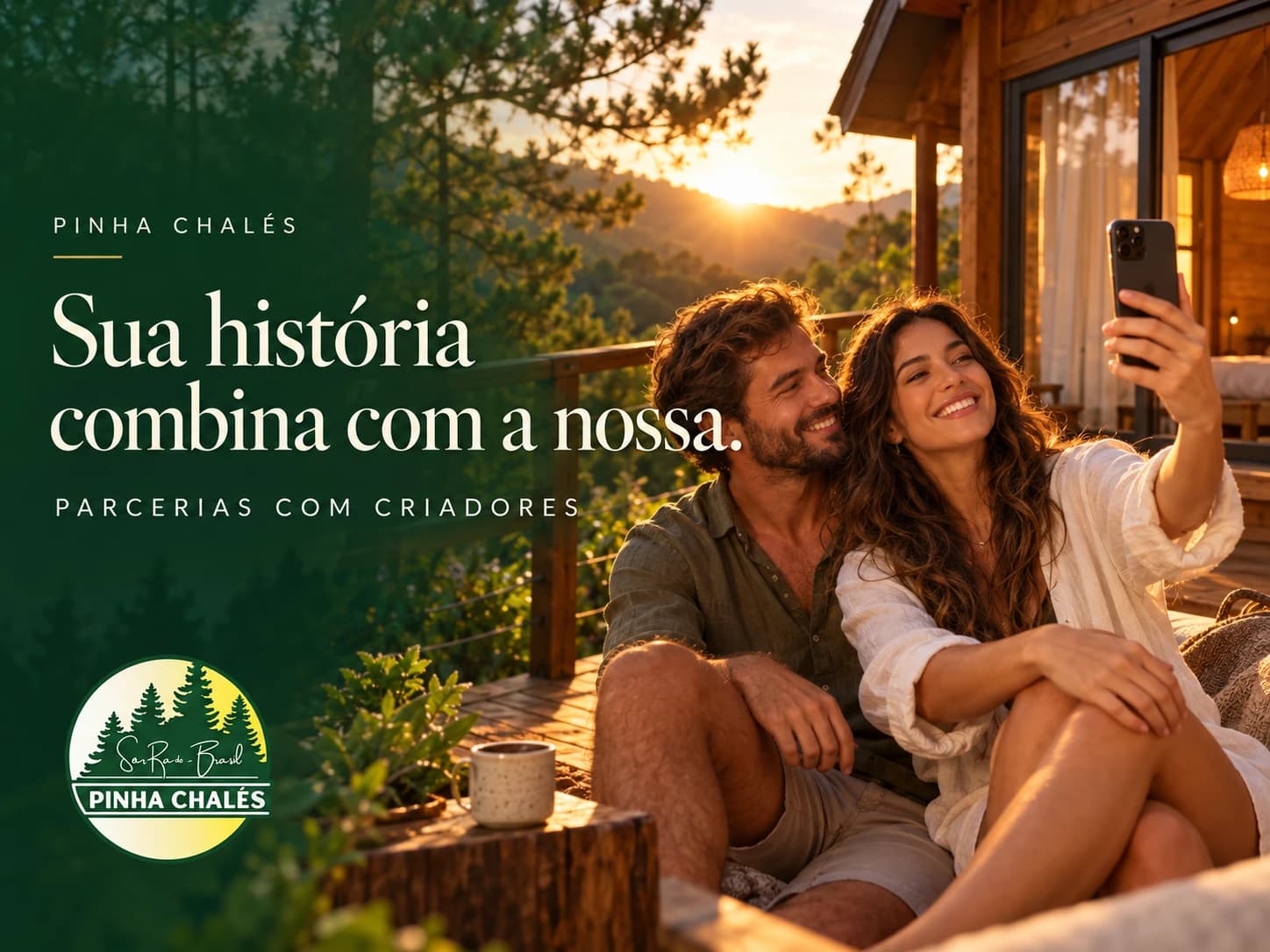 Arte de parcerias do Pinha Chalés: casal registrando uma experiência na natureza, com a chamada Sua história combina com a nossa — Parcerias com criadores.